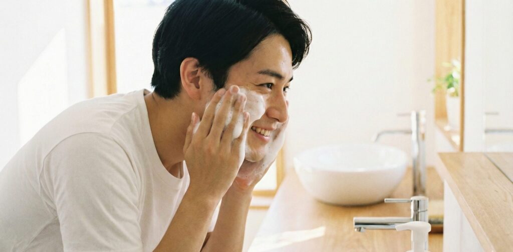 ディープモイストで洗顔をしている男性