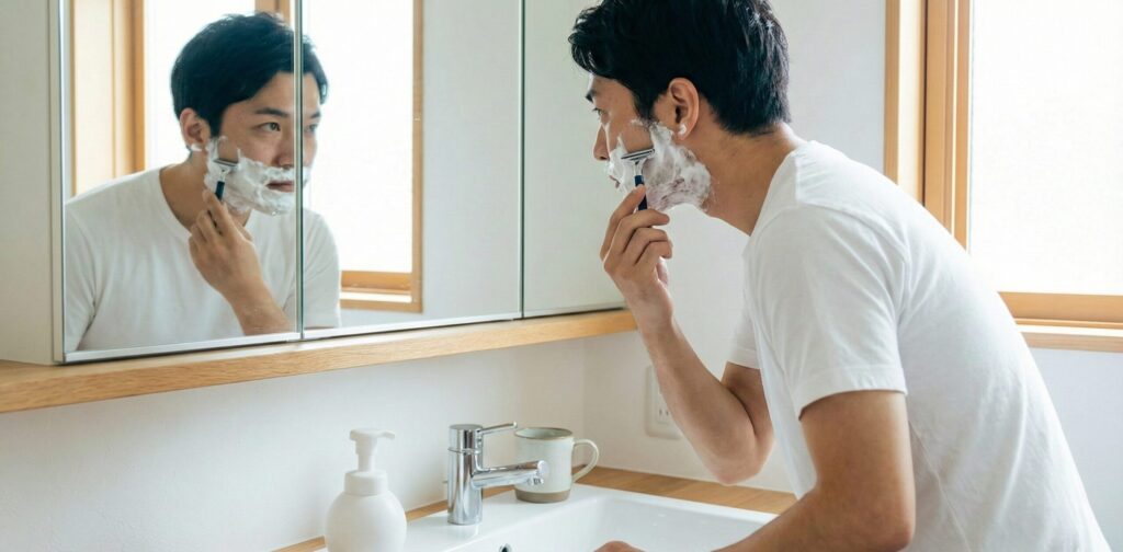 泡を使ってシェービングをする様子