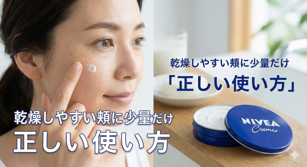 ニベアの青缶を、顔全体ではなく乾燥しやすい頬などの部分にだけ少量塗る、正しい使い方を示した画像。