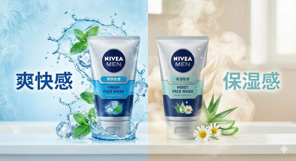 ニベアメンの洗顔料「フレッシュ」と「モイスト」のパッケージを並べ、それぞれの特徴(爽快感と保湿感)をイメージで表現した比較画像。