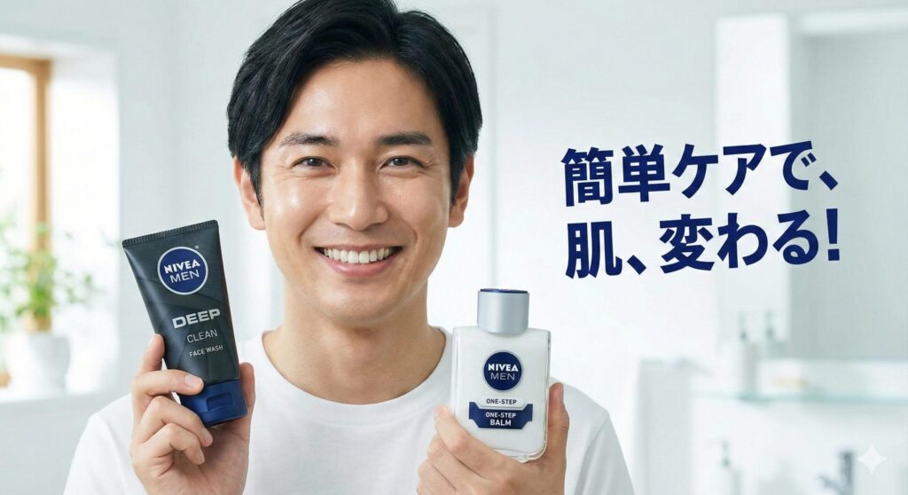 ニベアメンの洗顔料とオールインワン製品を手に持ち、健康的な肌に満足している様子の日本人男性。簡単なケアで肌状態が改善したイメージ。