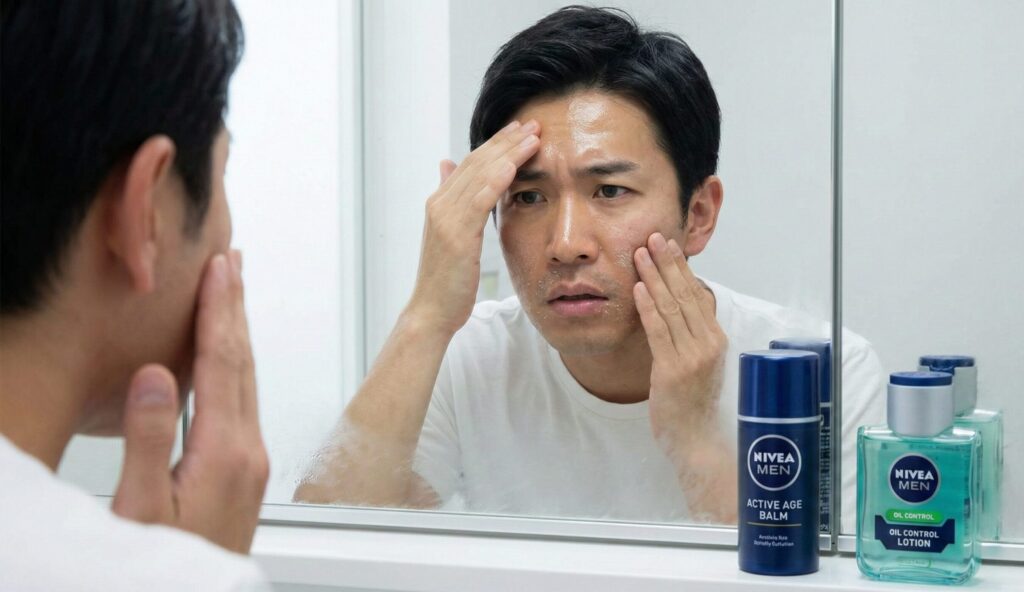 ニベアメンの洗顔後、肌のテカリと乾燥の両方に悩んでいる様子の日本人男性が鏡を見ている画像。