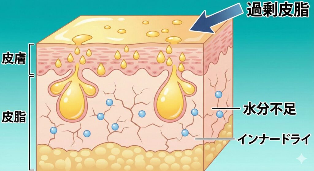 男性肌の断面図のイメージ。皮脂腺が活発で表面がテカりやすく、内部の水分量が少ない「インナードライ」の状態をシンプルに示しています。