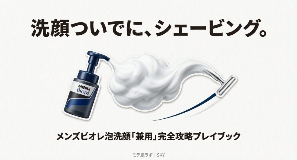 メンズビオレ泡洗顔のボトル画像。「洗顔ついでに、シェービング。」というキャッチコピーと、記事のメインテーマである「メンズビオレ泡洗顔『兼用』完全攻略プレイブック」と記された表紙