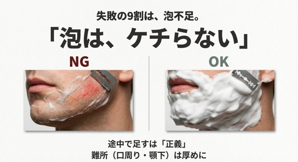 泡が少ないNG例と、たっぷりの泡を使ったOK例の比較。「途中で足すは正義」というメッセージで、泡をケチらない重要性を説く図。