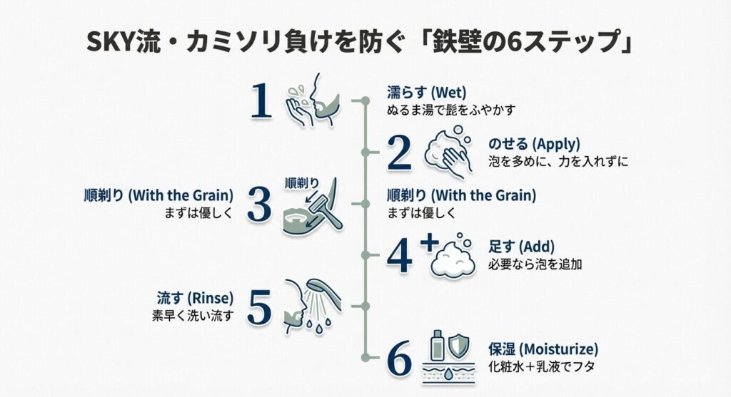 1.濡らす、2.のせる、3.順剃り、4.泡を足す、5.流す、6.保湿するという、肌への負担を最小限にするための6つの手順