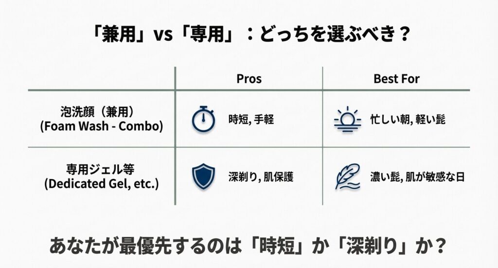 泡洗顔(兼用)と専用シェービング剤の比較表。時短・手軽さを取るなら兼用、深剃り・保護を取るなら専用、という判断基準を示した表。