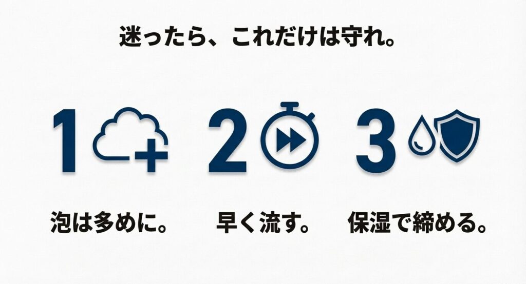 「泡は多めに」「早く流す」「保湿で締める」という、シェービング兼用で肌トラブルを防ぐために守るべき3つの重要ポイント。