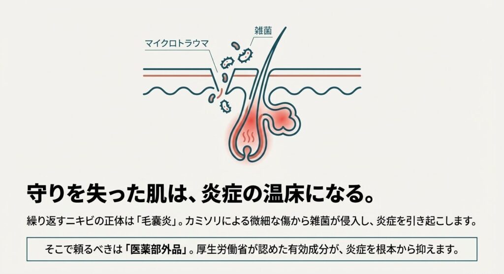 カミソリによるマイクロトラウマ(微細な傷)から雑菌が侵入し、毛穴の奥で炎症が起きている断面図。
