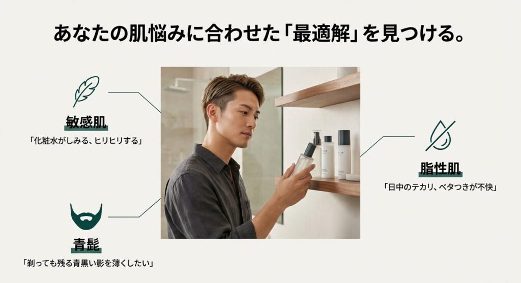 敏感肌(ヒリヒリ)、青髭(剃り跡)、脂性肌(テカリ)の3つの悩みと、それぞれの解決の方向性を示す男性のイメージ。
