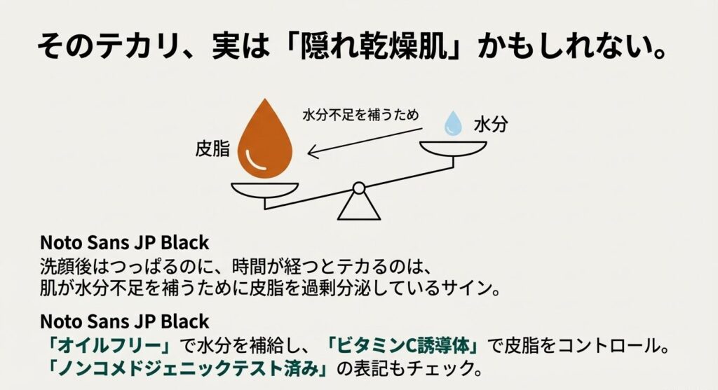 肌内部の水分不足を補うために、バランスを取ろうとして皮脂が過剰に分泌されている天秤のイラスト。