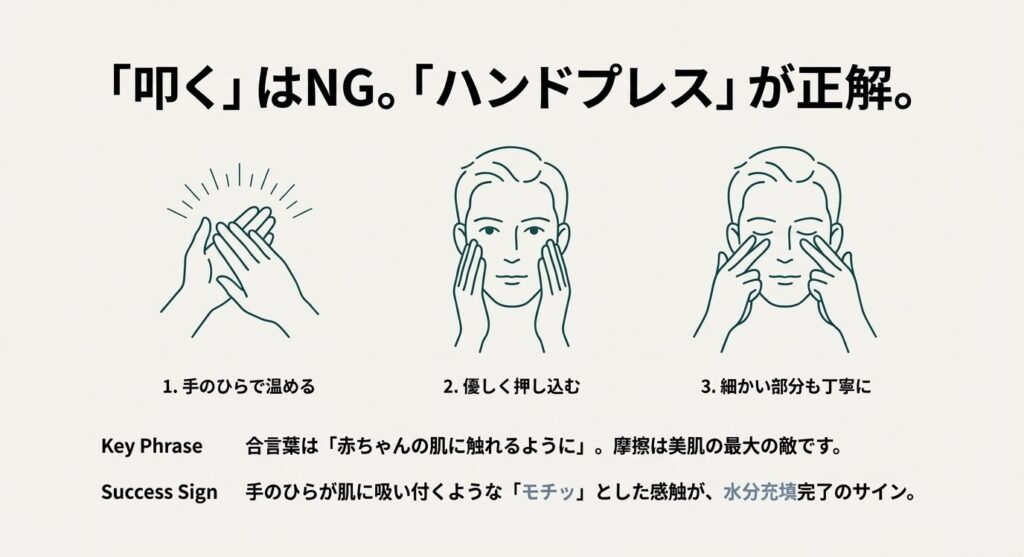 「叩く(パッティング)」はNGとし、手のひらで顔全体を優しく包み込んで浸透させるハンドプレスの手法解説。