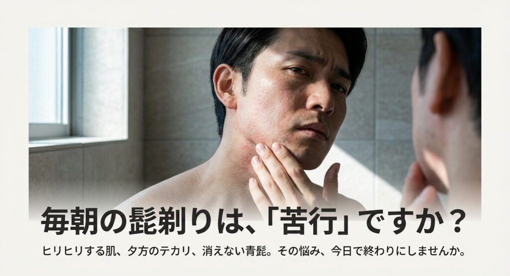 「毎朝の髭剃りは苦行ですか?」という問いかけのテキストと、髭剃りに悩む男性のイメージ。