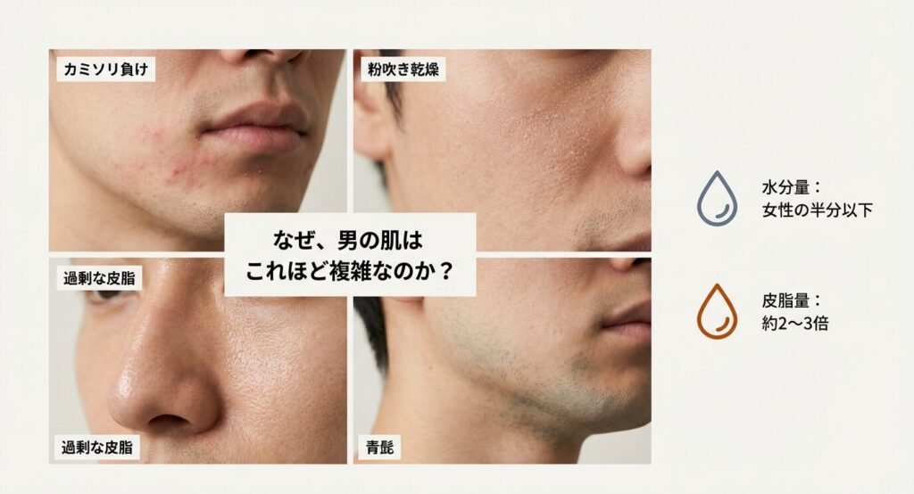 男性の肌は女性に比べて水分量が半分以下、皮脂量が約2〜3倍であることを示す比較データ。