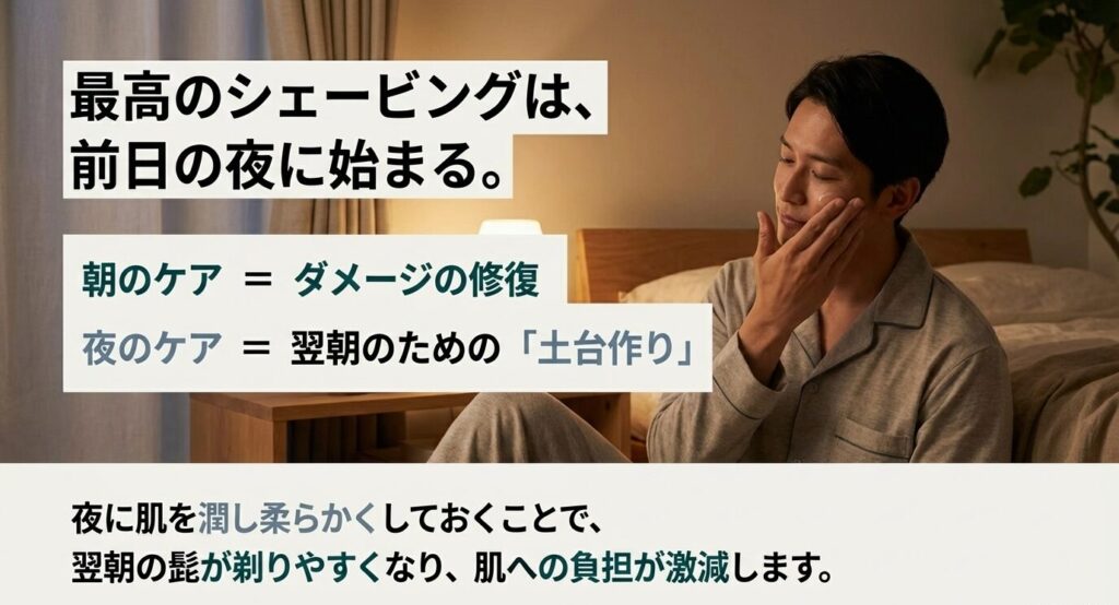 朝のケアは修復、夜のケアは土台作りであることを説明するテキストスライド。