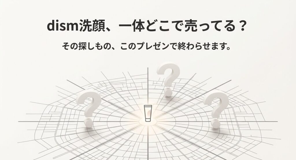 「dism洗顔、一体どこで売ってる?」という疑問と、その答えを解説することを示す記事の表紙スライド。