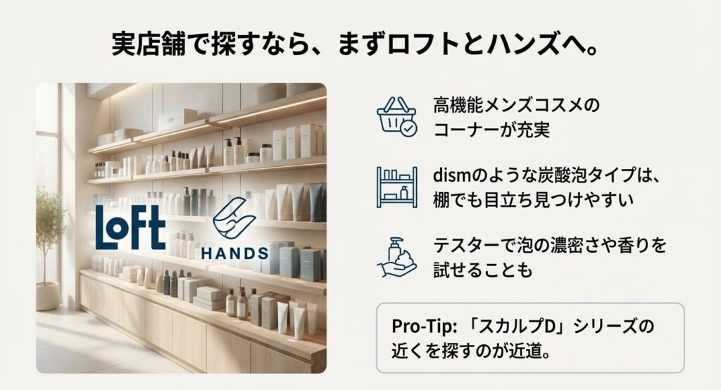 高機能メンズコスメコーナーが充実しており、dismを見つけやすいロフトとハンズの特徴を解説したスライド。