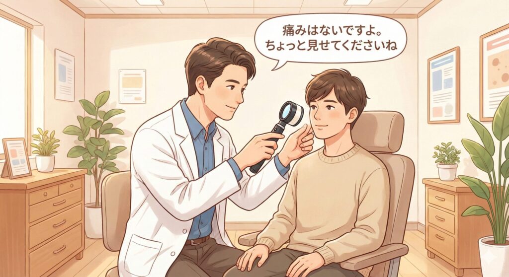 皮膚科医がダーモスコピーという拡大鏡を使って男性患者の頬のほくろを診察しているイラスト。