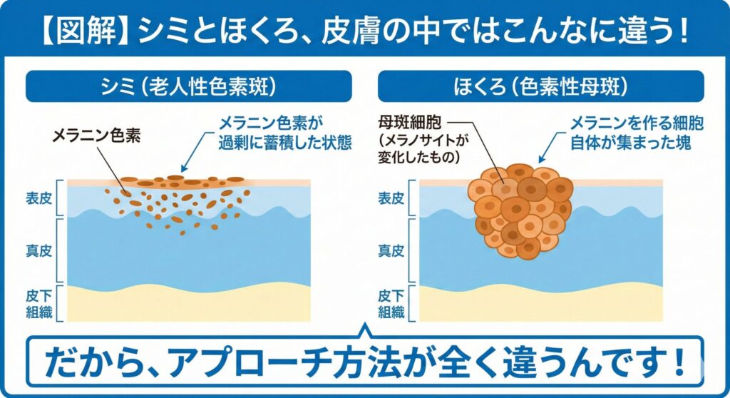 皮膚の断面図でシミとほくろの違いを示すイラスト。シミはメラニン色素の沈着、ほくろは細胞の塊として描かれている。