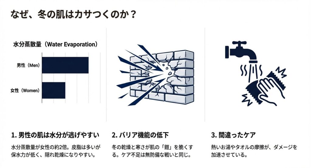 男性の水分蒸散量が女性の約2倍であることを示すグラフと、冬の乾燥で肌のバリア機能が壊れる様子を表したイラスト。
