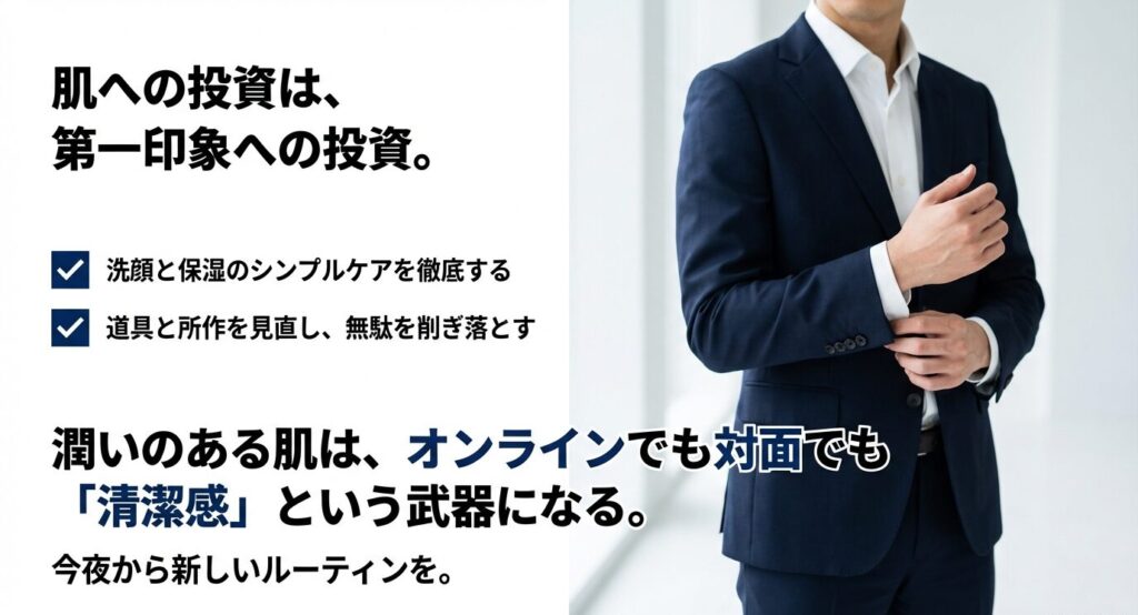 洗顔と保湿のシンプルケアを徹底し、無駄を削ぎ落とすことが、オンラインや対面での「清潔感」という武器になることを訴える、記事のまとめスライド 。