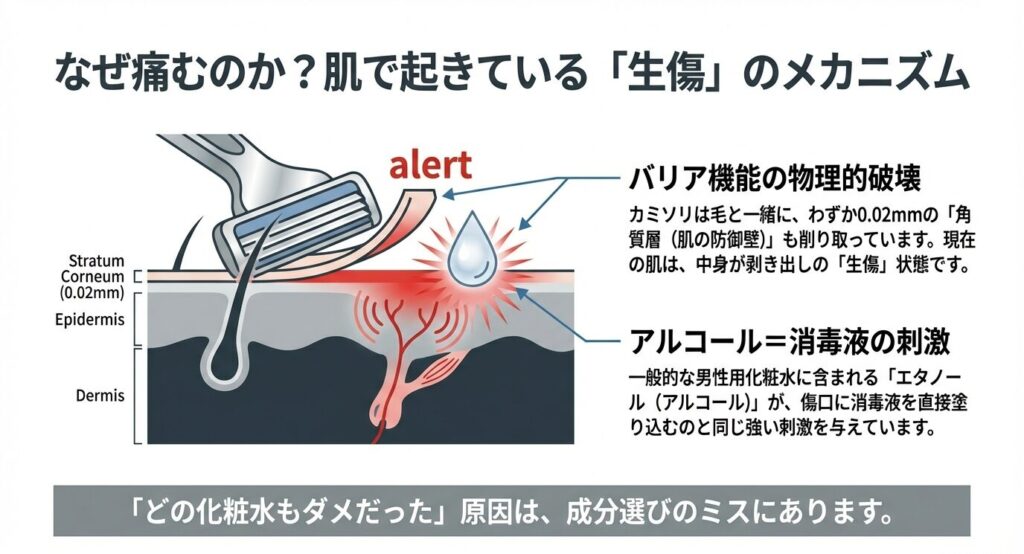 カミソリが0.02mmの角質層を削り取り、肌が「生傷」状態になっている断面図。バリア機能が壊れた箇所にアルコールが浸透し、痛みが発生する仕組み 。