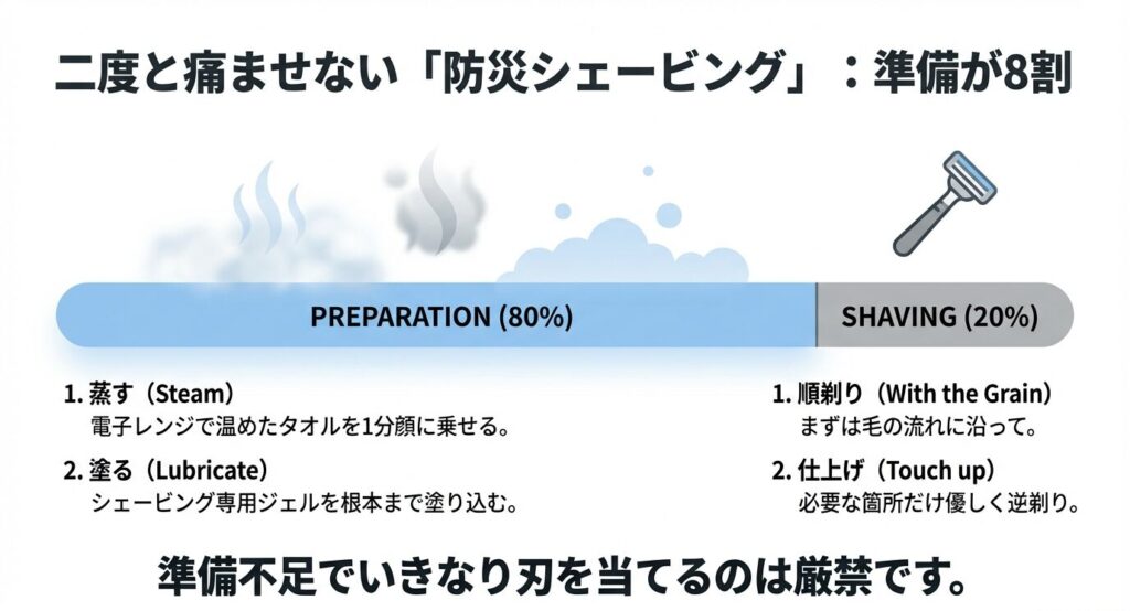 準備を8割重視する正しい髭剃り手順。蒸しタオルで温め、ジェルを塗り込み、順剃りを行い、最後に必要な箇所だけ逆剃りをする流れ 。