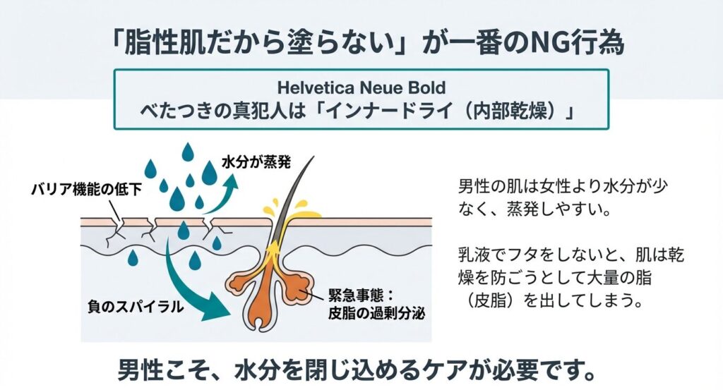 水分が蒸発しバリア機能が低下した肌が、乾燥を防ぐために大量の皮脂を分泌してしまう「負のスパイラル」のメカニズム図解 。