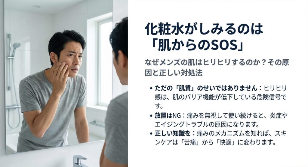 鏡を見て肌の不調を感じる男性。「化粧水がしみるのは肌からのSOS」「なぜメンズの肌はヒリヒリするのか？その原因と正しい対処法」というキャッチコピーのスライド資料。