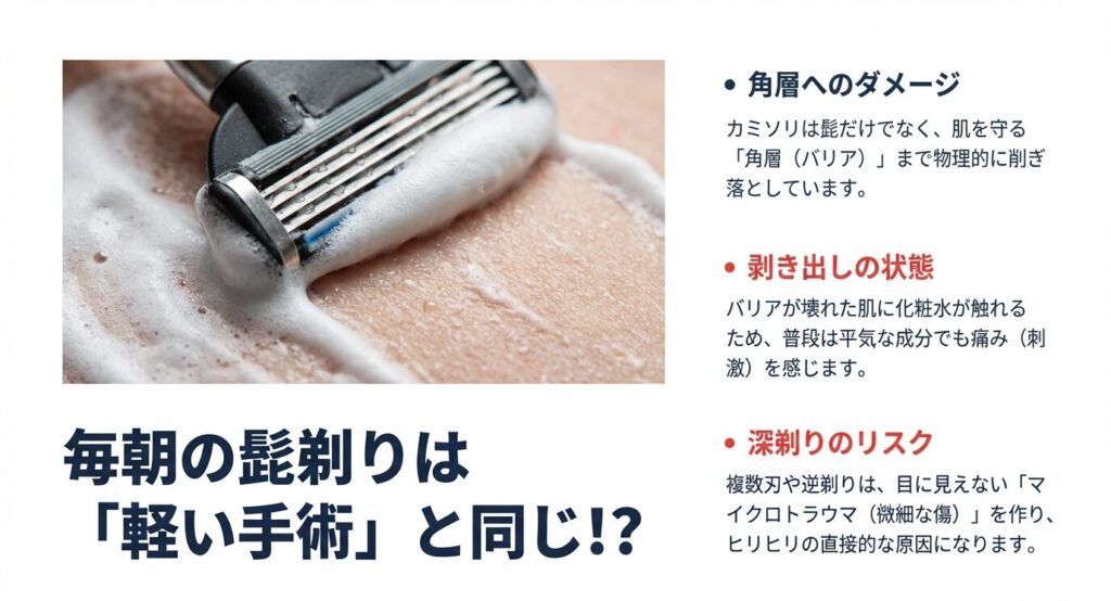 カミソリで泡を剃る画像。「毎朝の髭剃りは軽い手術と同じ！？」「角層へのダメージ」「剥き出しの状態」「深剃りのリスク」について解説したスライド資料。
