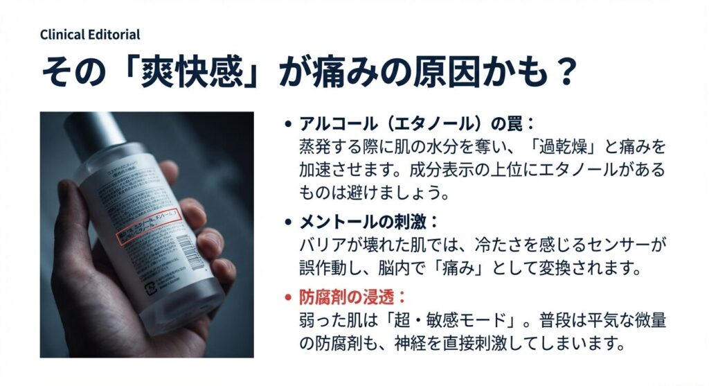化粧水ボトルの裏面成分表示。「その爽快感が痛みの原因かも？」「アルコールの罠」「メントールの刺激」「防腐剤の浸透」について解説したスライド資料。