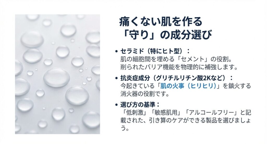 潤いのある水滴のイメージ画像。「痛くない肌を作る守りの成分選び」「セラミド（特にヒト型）」「抗炎症成分」「選び方の基準」について解説したスライド資料