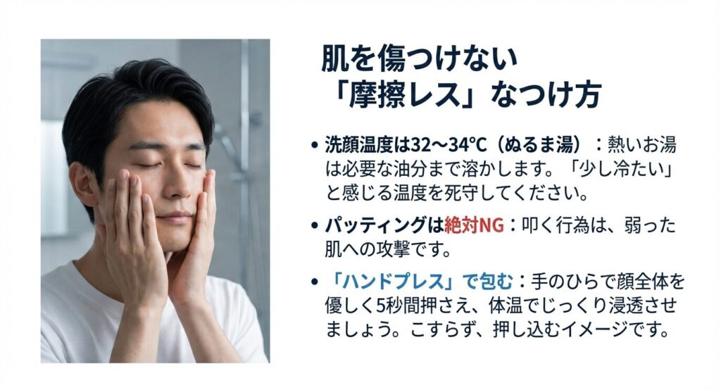 両手で顔を優しく包み込む男性。「肌を傷つけない摩擦レスなつけ方」「洗顔温度は32〜34度」「パッティングは絶対NG」「ハンドプレスで包む」について解説したスライド資料。