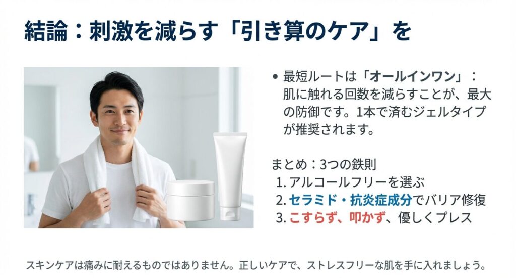 清潔感のある男性とスキンケア製品。「結論：刺激を減らす引き算のケアを」「最短ルートはオールインワン」「まとめ：3つの鉄則」について解説したスライド資料。