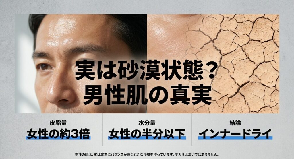 「実は砂漠状態？男性肌の真実」というスライド資料。男性の肌水分量は女性の半分以下、皮脂量は約3倍というグラフを示し、インナードライ状態であることを解説。