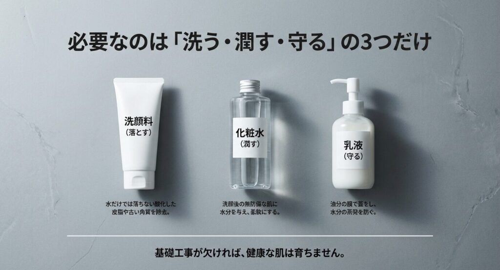 洗顔料、化粧水、乳液の写真を並べたスライド。「必要なのは『洗う・潤す・守る』の3つだけ」というコピーと共に、各アイテムの役割（落とす、潤す、蓋をする）を図解。