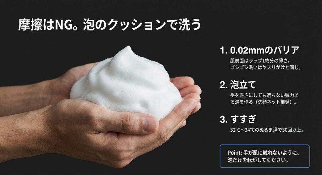 正しい洗顔方法の解説スライド。「摩擦はNG。泡のクッションで洗う」と題し、肌のバリア機能の薄さ、理想的な泡立て、32〜34℃のぬるま湯ですすぐ重要性を説明。