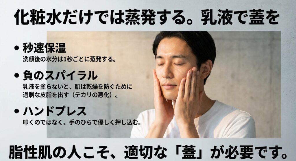 保湿ケアの要点をまとめたスライド。「化粧水だけでは蒸発する。乳液で蓋を」という警告と共に、秒速保湿の必要性と、叩かず押し込むハンドプレスの手法を解説。