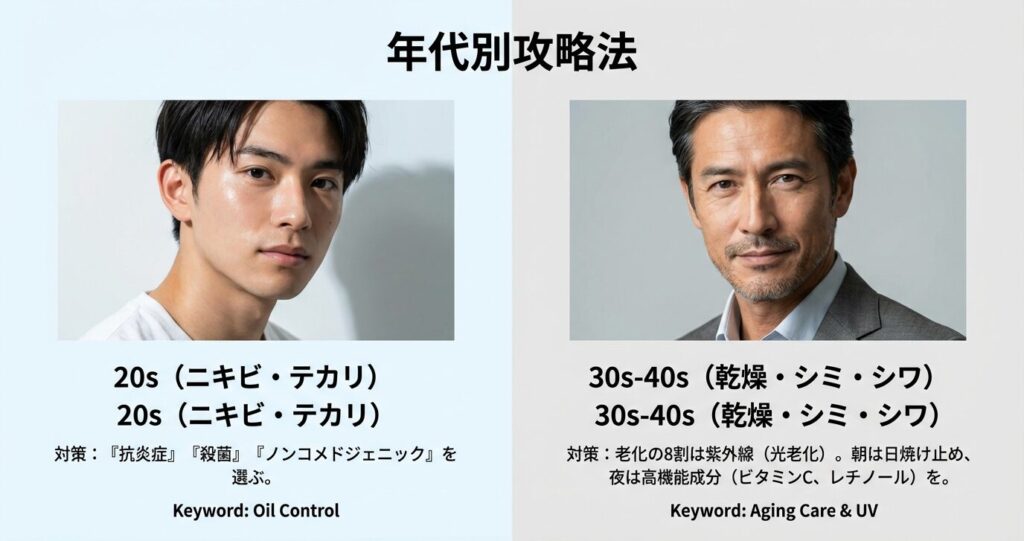 20代と40代の男性モデル写真。「年代別攻略法」として、20代は皮脂対策（Oil Control）、30代・40代は乾燥・紫外線対策（Aging Care & UV）が必要であることを対比させた資料。