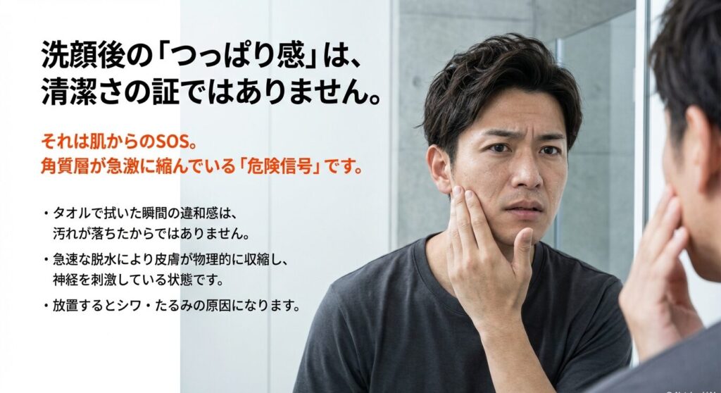 「洗顔後のつっぱり感は肌からのSOS」と警告するスライド資料。角質層が縮んでいる危険信号であり、放置するとシワやたるみの原因になることを解説 。
