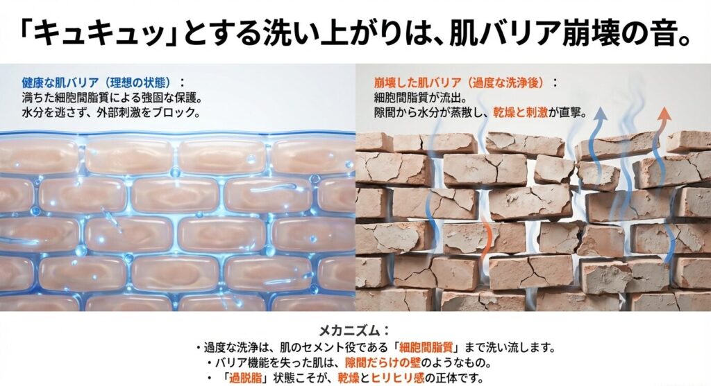 健康な肌バリアと崩壊した肌バリアの断面比較図。「キュキュッとする音は肌バリア崩壊の音」とし、過度な洗浄が細胞間脂質を流出させるメカニズムを図解 。