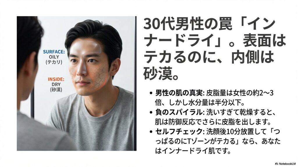 男性の顔写真を使ったインナードライ肌の解説。「表面はテカリ、内側は砂漠」という30代男性特有の肌状態と、水分量が女性の半分以下である事実を示した資料 。