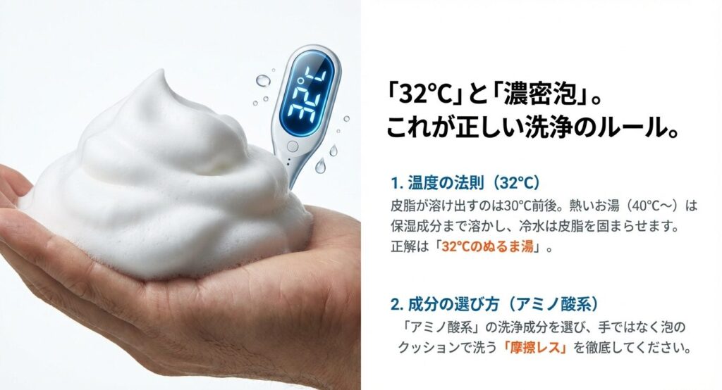 正しい洗浄のルールをまとめたスライド。「32℃のぬるま湯」が正解である理由と、アミノ酸系成分で摩擦レスに洗う重要性を解説 。