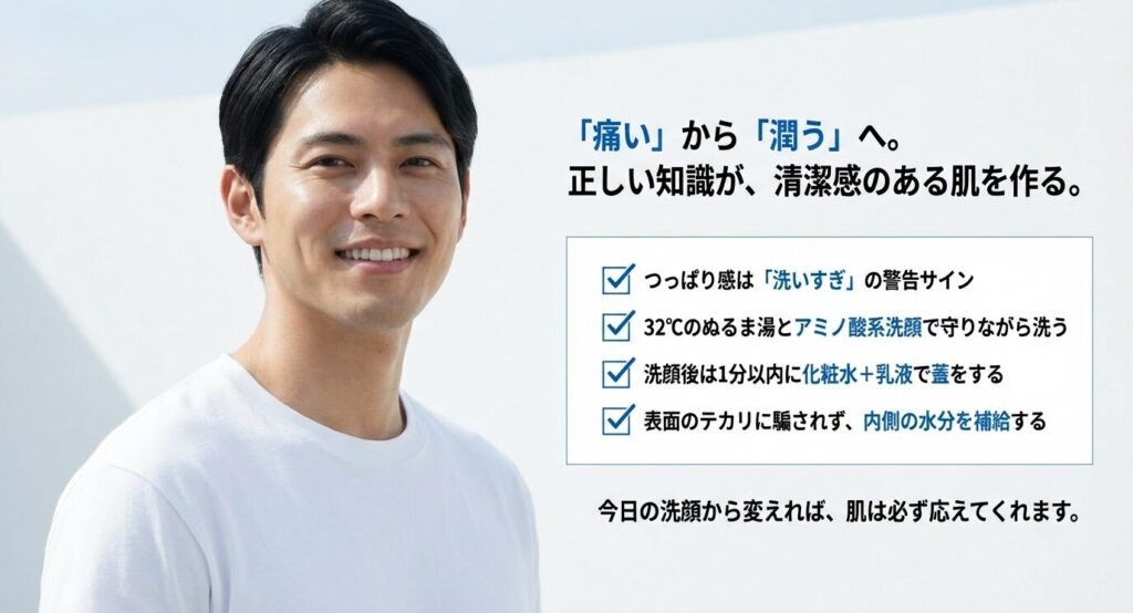 「痛いから潤うへ」をテーマに、つっぱり感は警告サインであること、32℃洗顔や1分以内の保湿といったアクションプランをリスト化 。