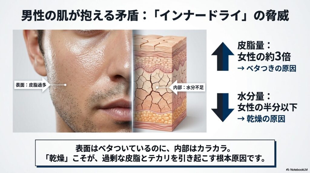 男性の肌は皮脂量が女性の3倍ある一方で、水分量は半分以下であるため、表面はテカり内部は乾燥するインナードライ状態になりやすいことを示す図解
