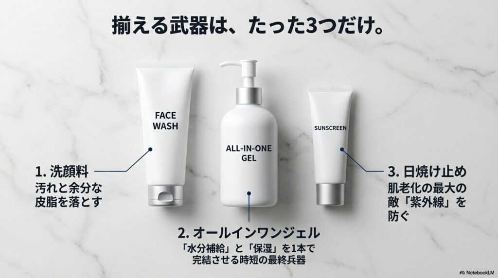 スキンケアに必要な3つのアイテム（洗顔料、オールインワンジェル、日焼け止め）とそれぞれの役割（汚れ落とし、水分補給、紫外線防御）をまとめたイラスト