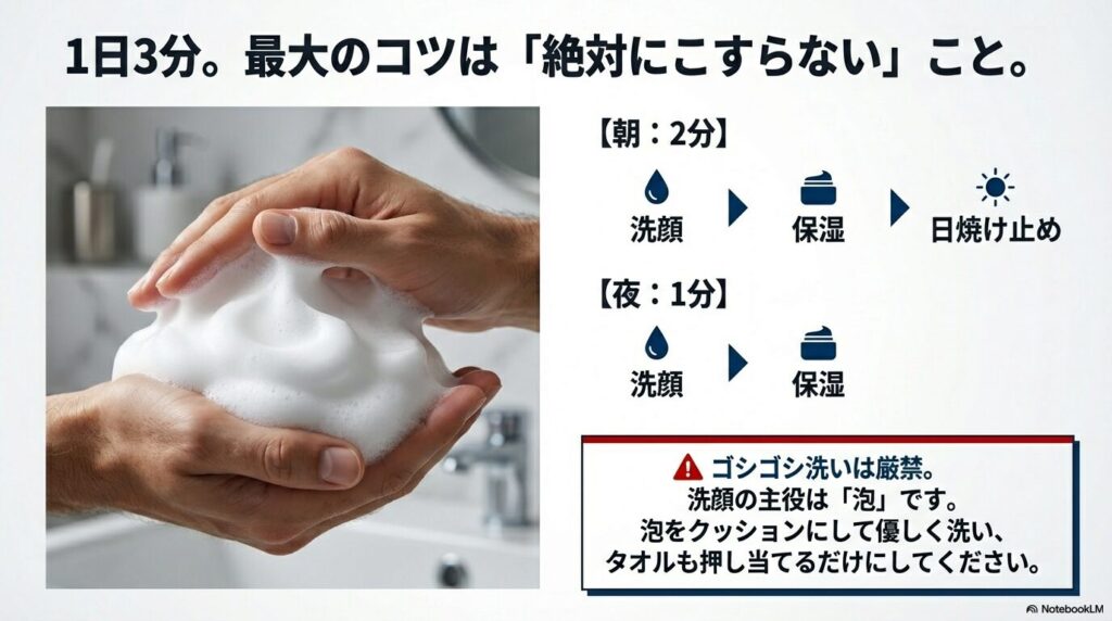 朝2分・夜1分のケアスケジュールと、「絶対にこすらない」ための濃密な泡洗顔の重要性を解説したスライド