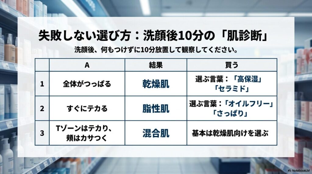 洗顔後の肌の状態（つっぱり、テカリ）から、自分の肌質（乾燥肌、脂性肌、混合肌）を判断し、選ぶべきアイテムのキーワードを示した表