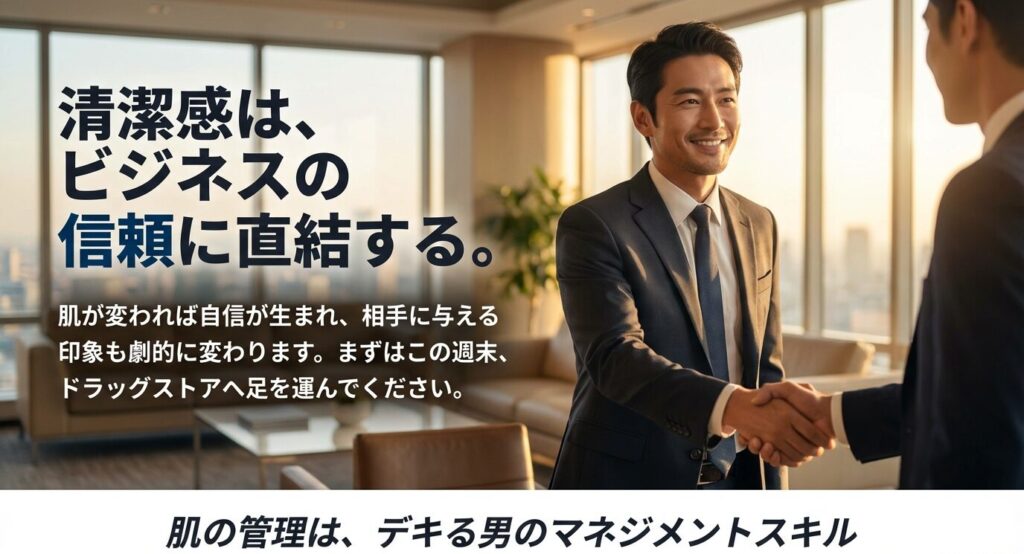 肌の管理はデキる男のマネジメントスキルであり、清潔感がビジネスの信頼につながることを伝える結論メッセージ
