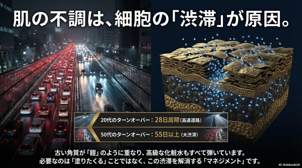 20代の肌は28日周期の高速道路だが、50代は55日以上の大渋滞を起こしていることを示した比較イラスト